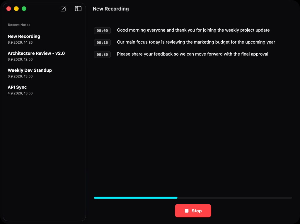 CoreRecord Mac application showing live offline voice dictation