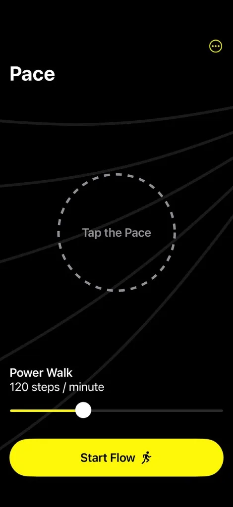 Flow Run app showing Pace tap interface with Power Walk tempo slider and Start Flow button