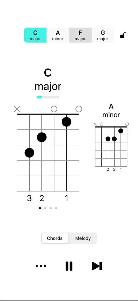 Guitarate app showing C major chord diagram with real-time chord progression and Chords/Melody mode toggle