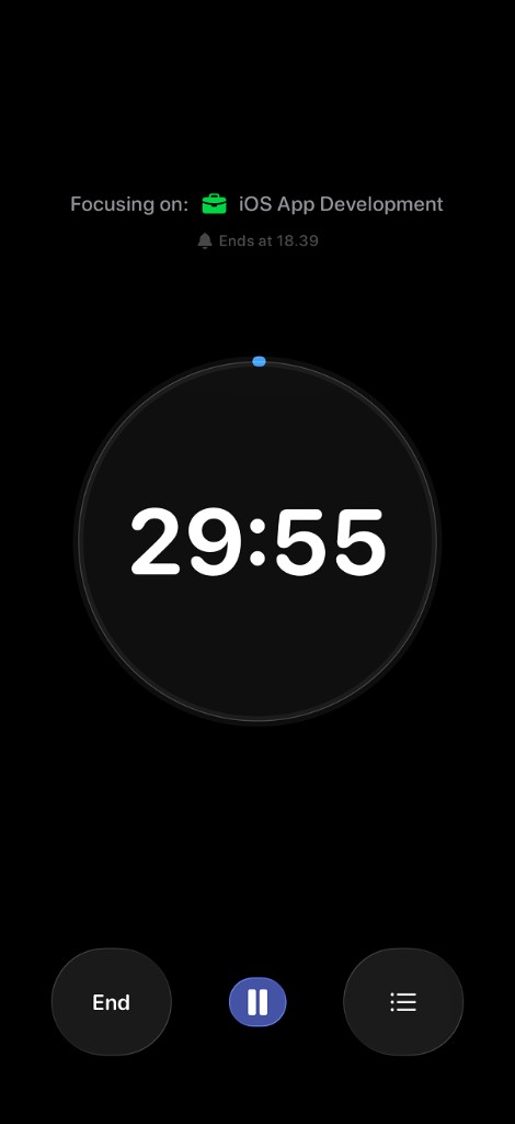 Kaari focus timer showing an active iOS App Development session