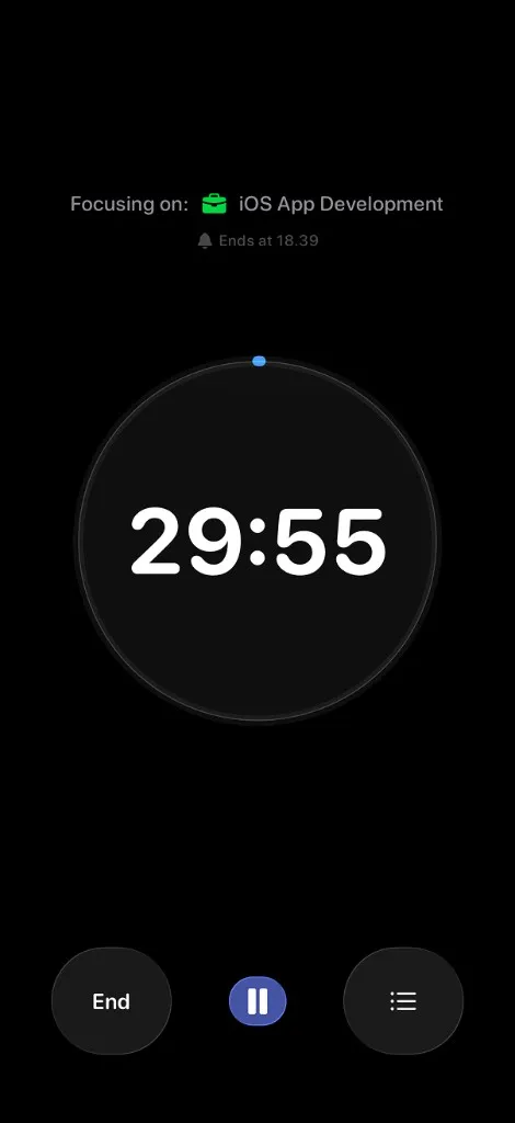 Kaari focus timer showing an active deep work session for iOS App Development