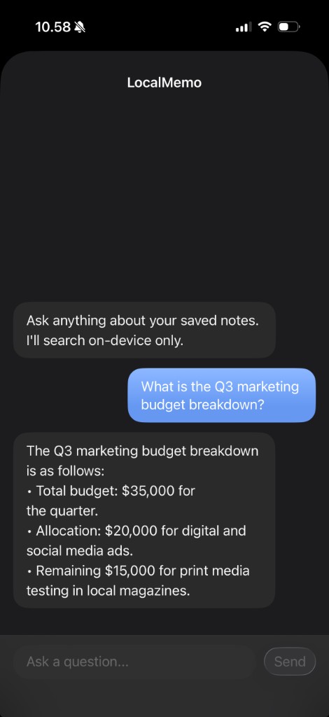 LocalMemo chat showing Q3 marketing budget breakdown from saved notes