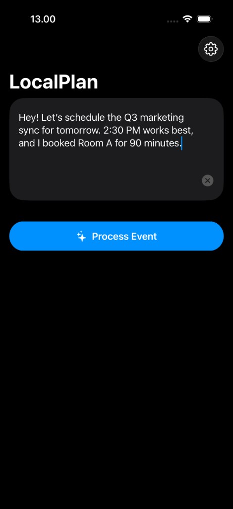 LocalPlan app showing natural language event processing