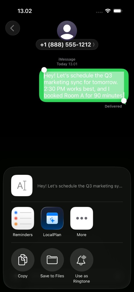 LocalPlan in the iOS Share Sheet after selecting a message in Messages