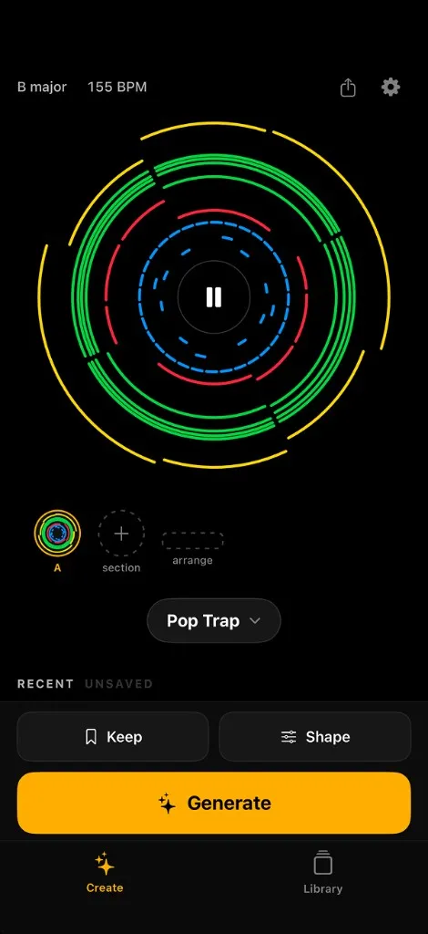 Songen on iPhone showing the generative Pop Trap interface with Generate and Play controls