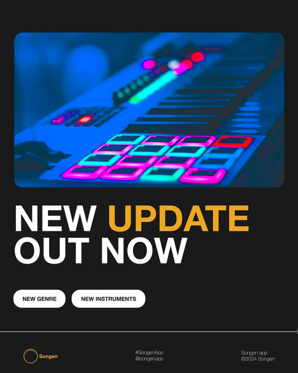 Songen social creative: New Update Out Now with new genre and instruments badges