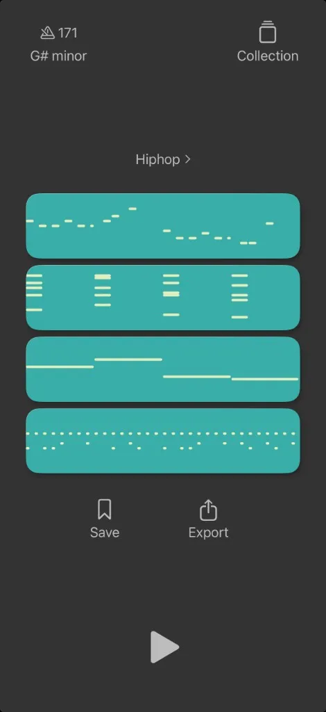 Vibe Tracks app showing Hiphop generative MIDI lanes at 171 BPM in G# minor with Save and Export controls